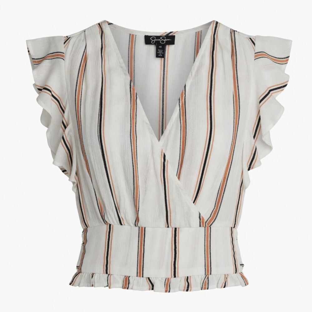 Jessica Simpson Size XS Orange Black Cream Striped Faux Wrap Flutter Sleeve Top